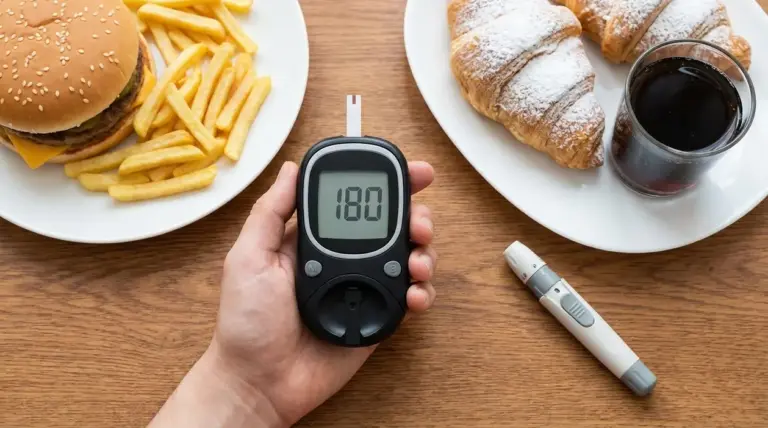 Glucometro con valore alto in mano accanto a hamburger, patatine, cornetti e bibita zuccherata