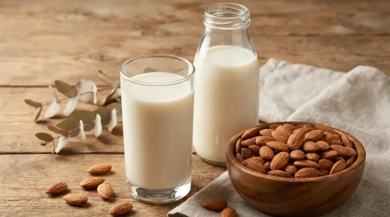 Bicchiere e bottiglia di latte di mandorla con ciotola di mandorle su tavolo di legno