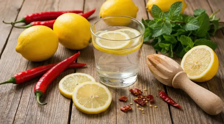 Limoni e peperoncini rossi su tavolo in legno con bicchiere d’acqua al limone e spremiagrumi