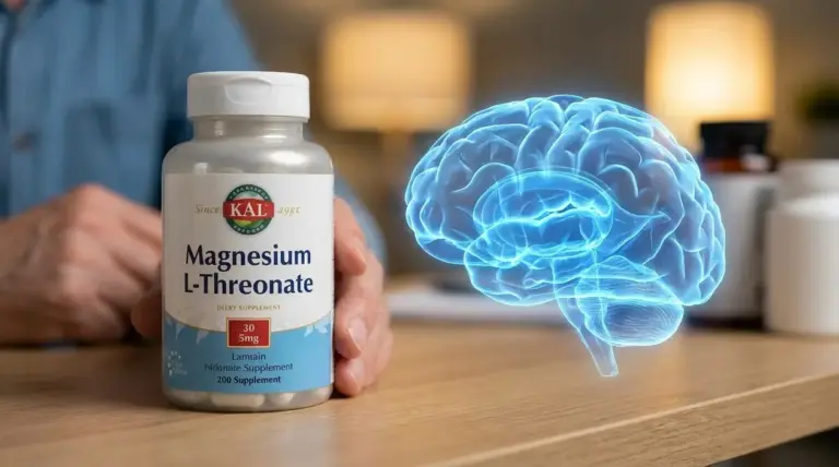 Flacone di integratore di magnesio L-treonato accanto a una grafica del cervello su un tavolo