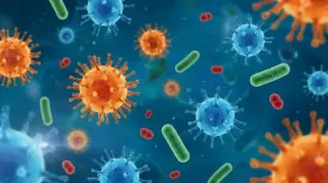 Illustrazione di virus e batteri sospesi, simbolo delle malattie contagiose e della trasmissione delle infezioni