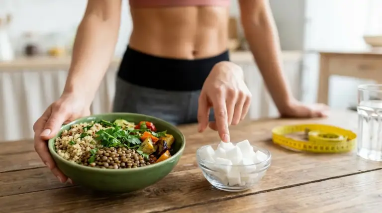 Persona con ciotola di cibo sano indica zucchero a cubetti, tema pancia piatta e dieta
