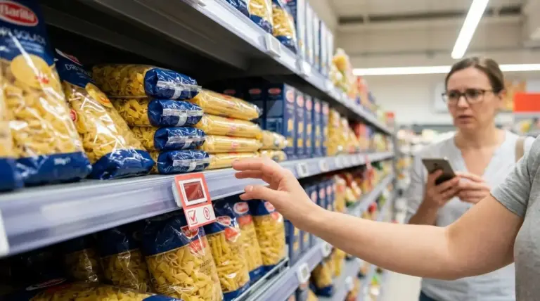 Donna osserva confezioni di pasta sullo scaffale del supermercato durante un confronto tra prodotti