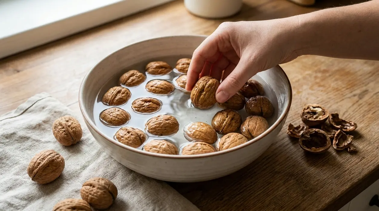 Mano che immerge noci in una ciotola d’acqua su un tavolo di legno
