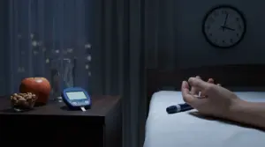 Comodino notturno con glucometro, acqua, mela e frutta secca accanto a una persona a letto