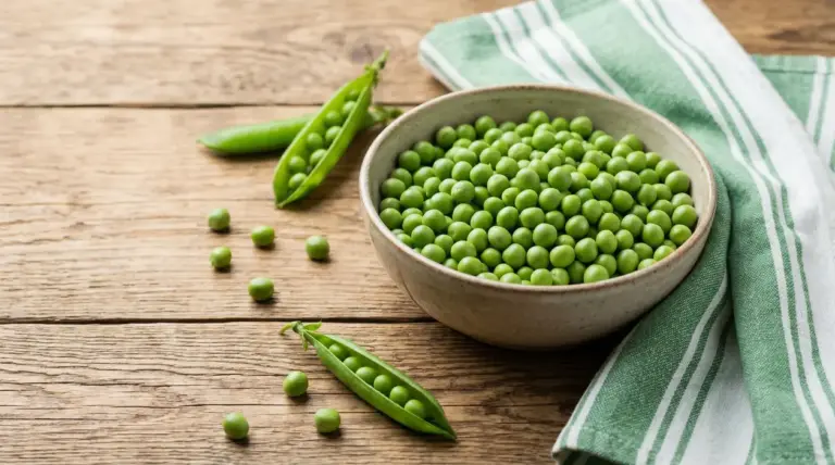 Ciotola di piselli freschi con baccelli aperti su tavolo in legno