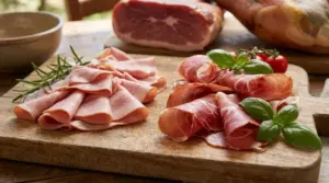 Fette di prosciutto cotto e prosciutto crudo servite su un tagliere di legno con erbe aromatiche