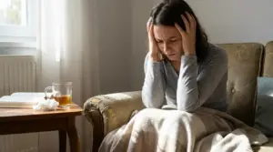 Donna seduta sul divano con le mani alla testa, in un momento di forte ansia in casa