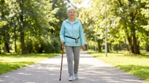 Donna anziana cammina in un parco con bastone, attività utile per rafforzare le ossa in caso di osteoporosi