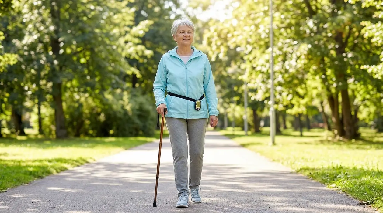 Donna anziana cammina in un parco con bastone, attività utile per rafforzare le ossa in caso di osteoporosi