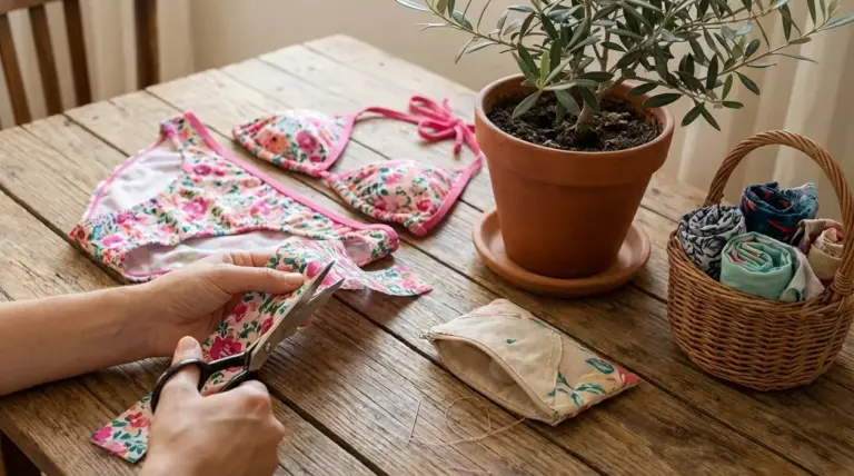 Mani che ritagliano un costume da bagno floreale per trasformarlo in un accessorio fai da te