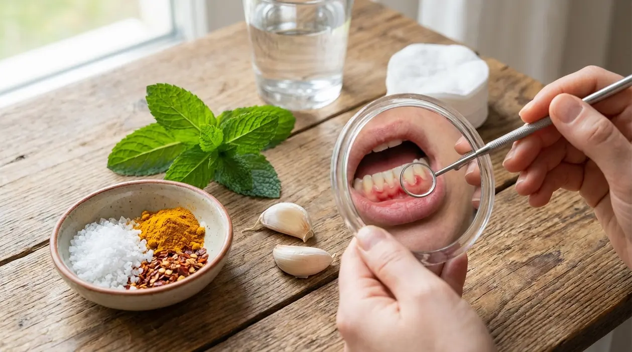 Persona controlla gengive infiammate con specchietto accanto a sale, aglio, curcuma, menta e un bicchiere d’acqua