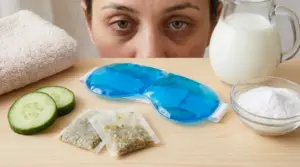 Persona con occhiaie sotto gli occhi accanto a cetriolo, impacco freddo e rimedi casalinghi