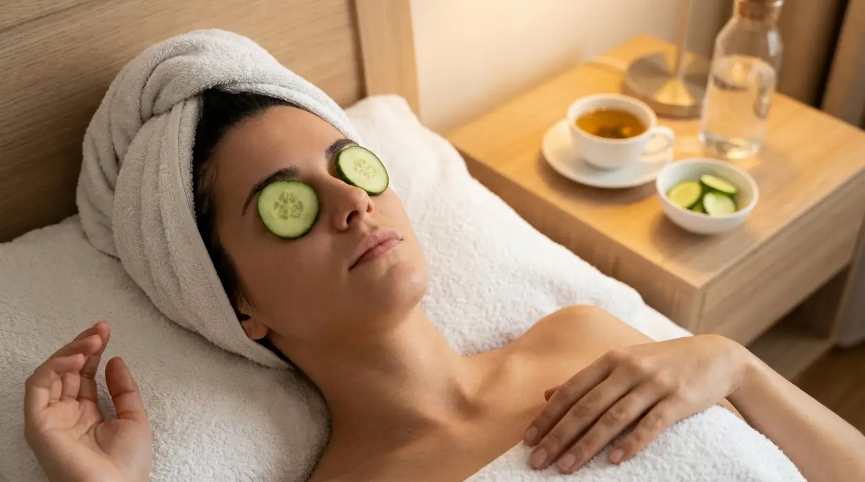 Persona sdraiata con fette di cetriolo sugli occhi, rimedio casalingo per occhi stanchi