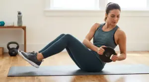 Donna esegue un Russian Twist con peso su tappetino per allenare gli addominali obliqui a casa