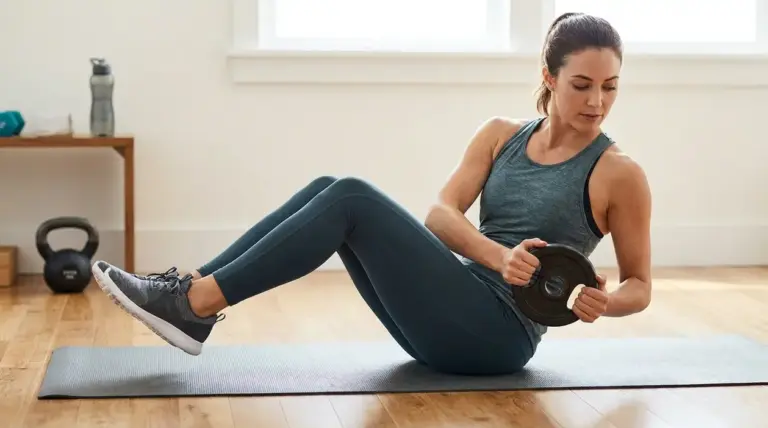 Donna esegue un Russian Twist con peso su tappetino per allenare gli addominali obliqui a casa