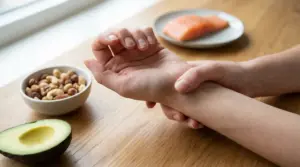 Persona che si tocca il polso accanto a avocado, frutta secca e salmone, simboli di nutrizione e benessere