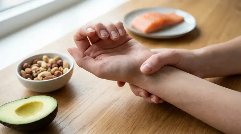 Persona che si tocca il polso accanto a avocado, frutta secca e salmone, simboli di nutrizione e benessere