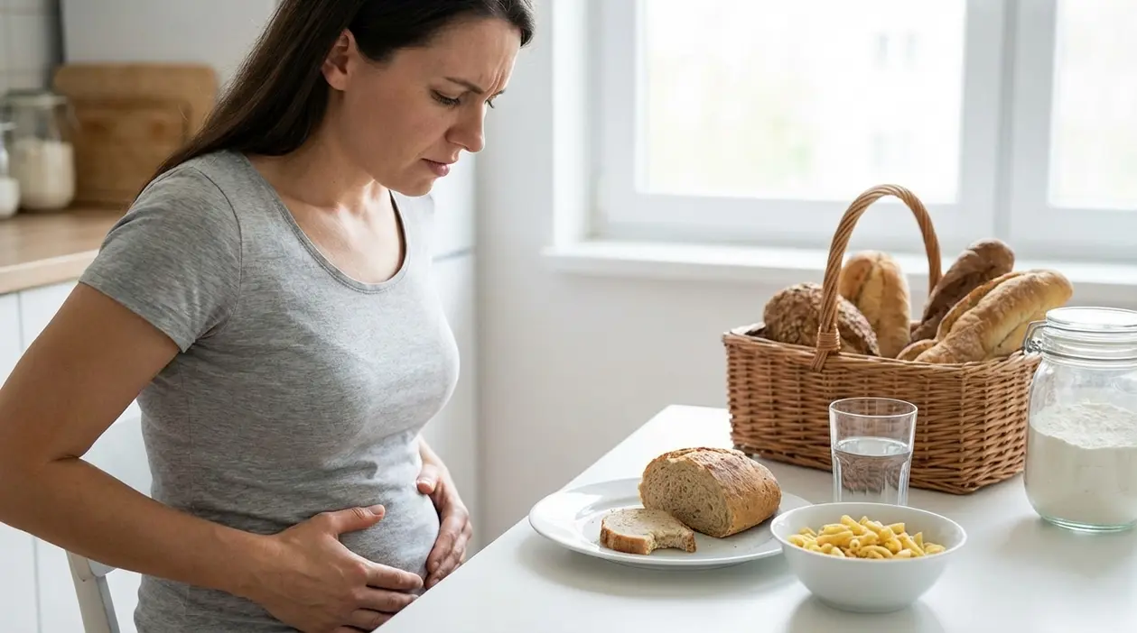 Donna con dolore addominale seduta a tavola con pane, pasta e farina, possibile intolleranza al glutine