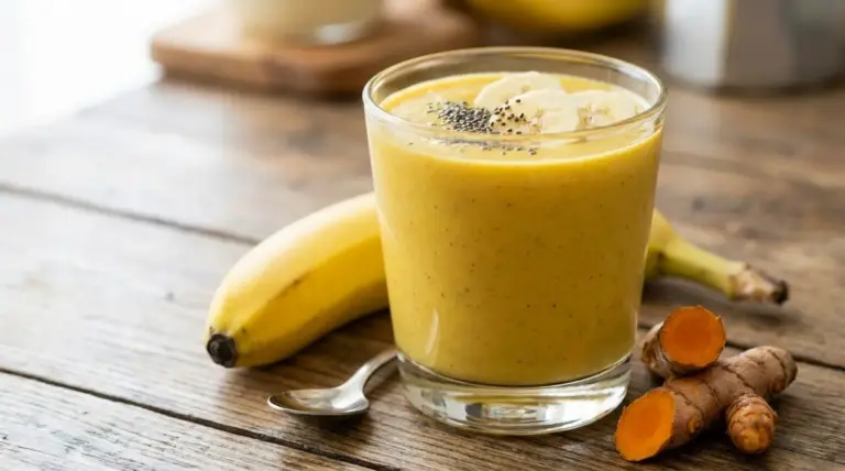 Smoothie alla banana e curcuma in un bicchiere, con fette di banana, semi e radice di curcuma su tavolo in legno