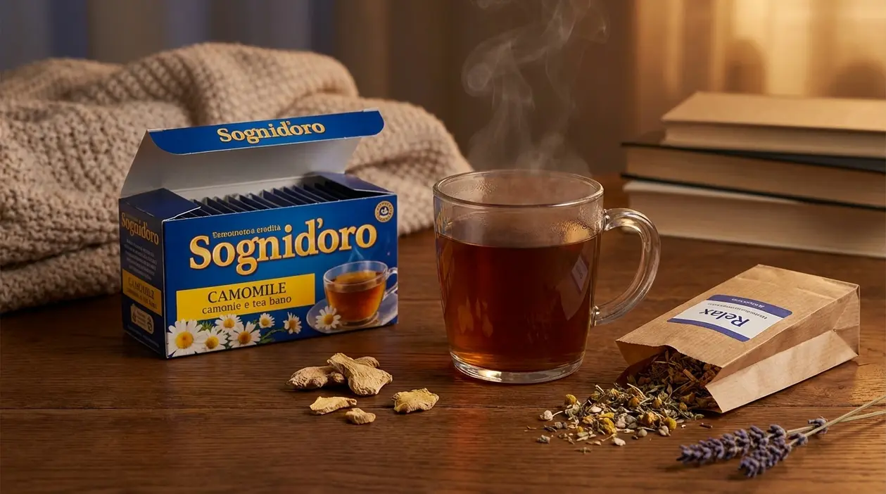 Tazza di tisana calda con camomilla ed erbe rilassanti su un tavolo, in un'atmosfera serale accogliente