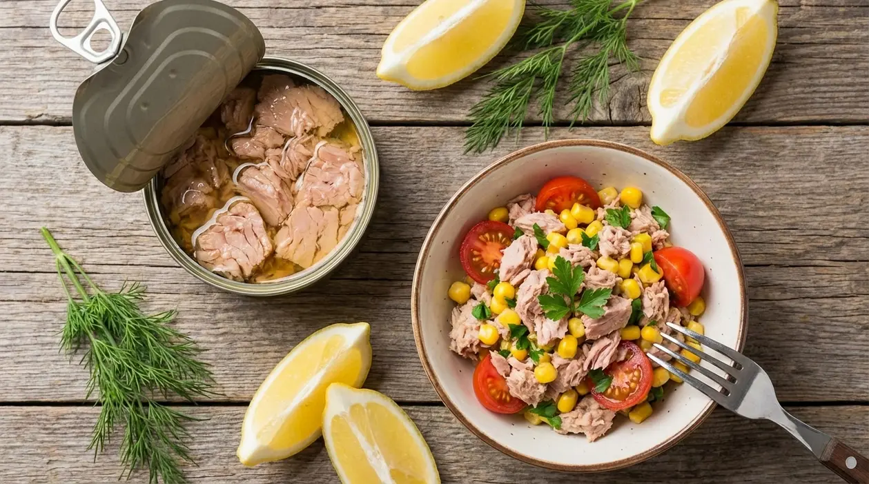 Scatoletta di tonno aperta accanto a insalata con tonno, mais, pomodori e limone su tavolo di legno