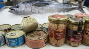 Scatolette e vasetti di tonno in scatola esposti davanti a un tonno fresco su ghiaccio
