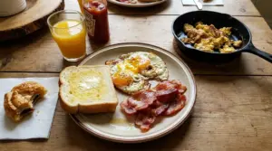 Colazione con uova fritte, bacon, pane tostato e succo d’arancia su tavolo in legno