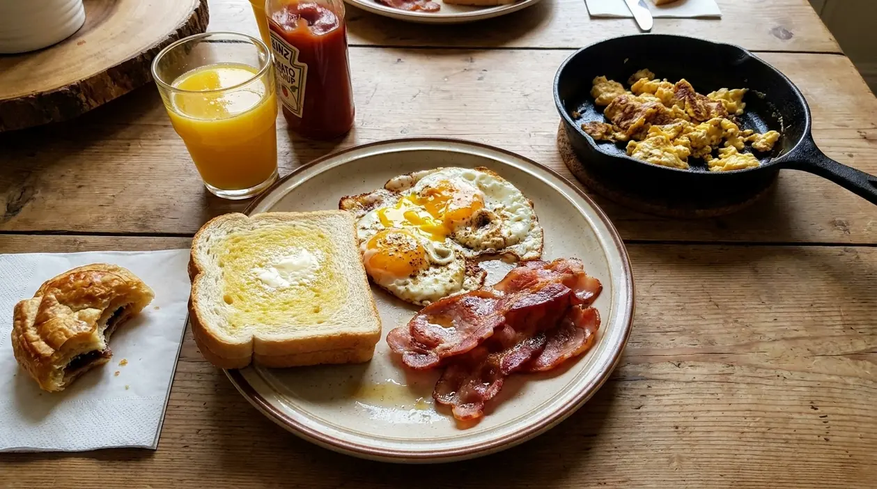 Colazione con uova fritte, bacon, pane tostato e succo d’arancia su tavolo in legno