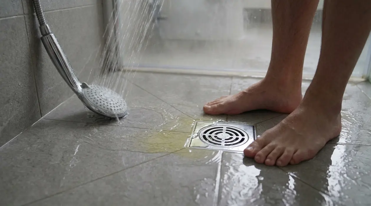 Persona in doccia vicino allo scarico, con acqua sul pavimento del bagno