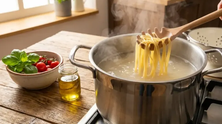 Spaghetti sollevati da una pentola con acqua di cottura fumante su un tavolo da cucina