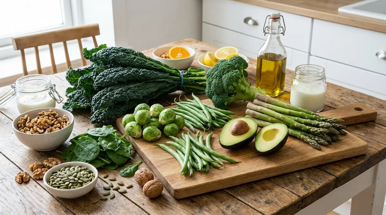 Ortaggi ricchi di vitamina K su un tavolo: cavolo nero, broccoli, spinaci, cavolini, asparagi e avocado