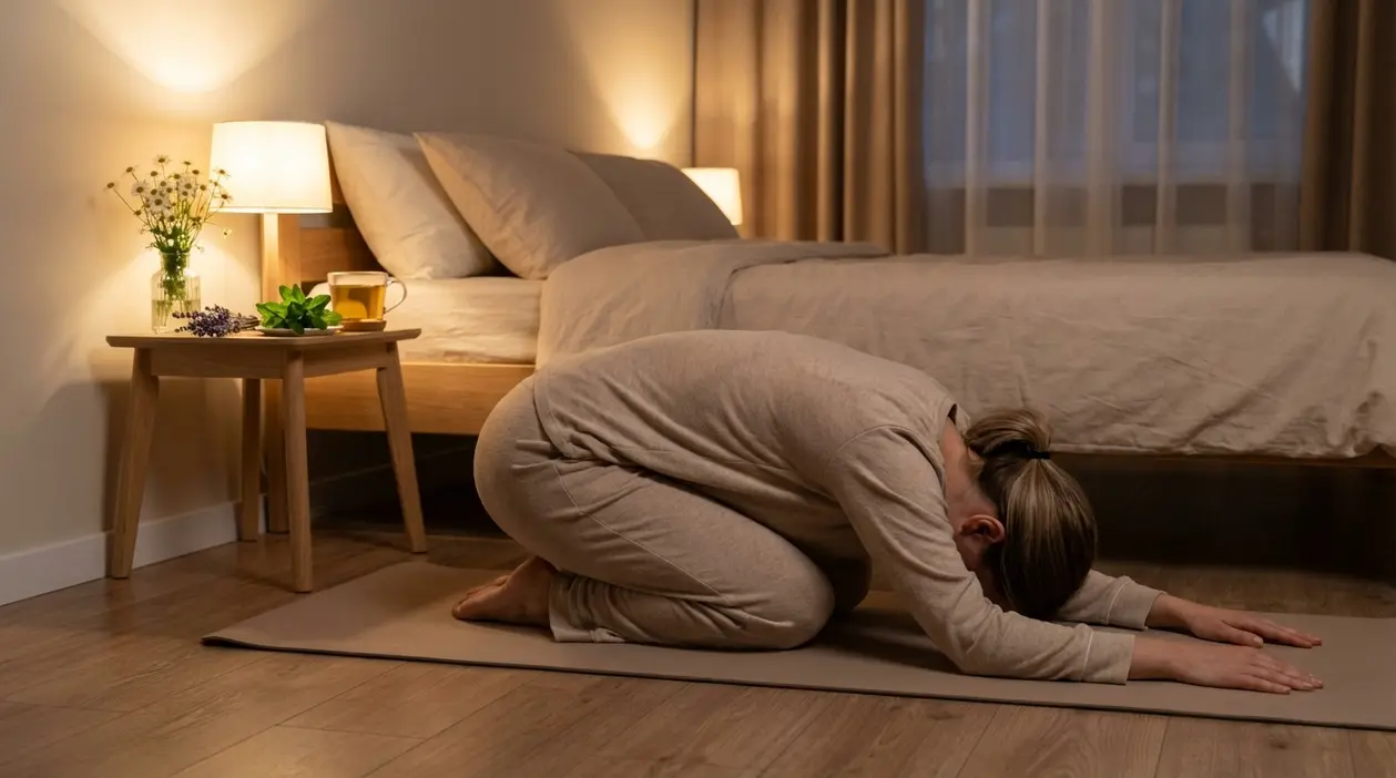 Persona in posizione del bambino su un tappetino in camera da letto, durante una routine yoga serale rilassante