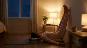 Persona in una postura yoga rilassante con le gambe al muro, in camera da letto illuminata soffusamente