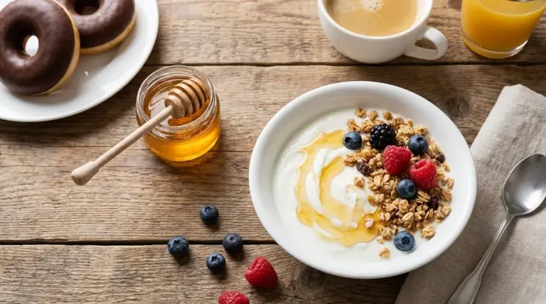 Ciotola di yogurt con miele, granola e frutti di bosco su tavolo in legno, accanto a caffè e succo